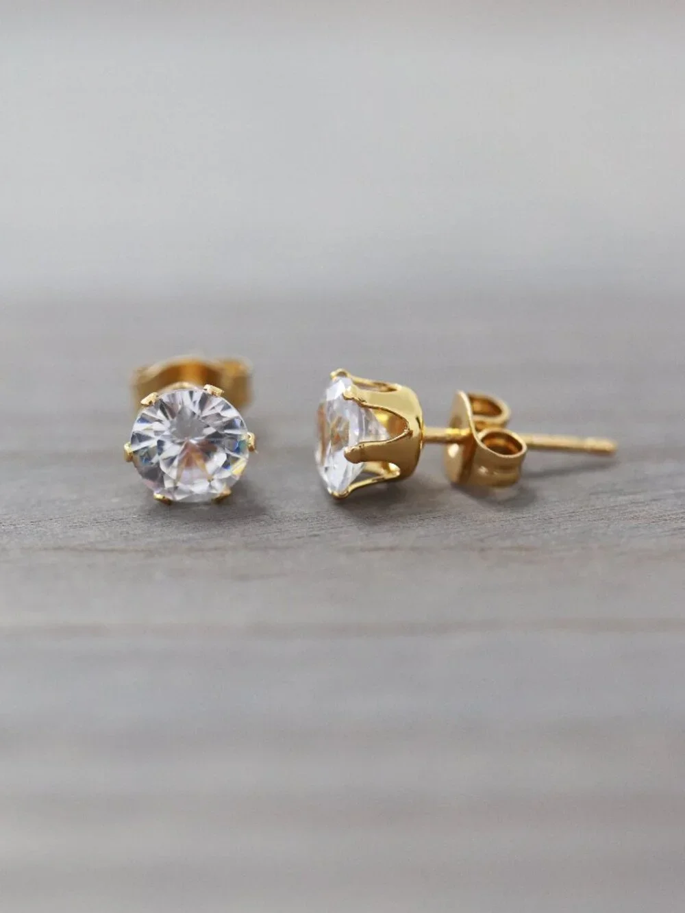6mm Clear CZ Diamond Style 6-Prong Stud Earrings 18k Gold Plated Stainless Steel